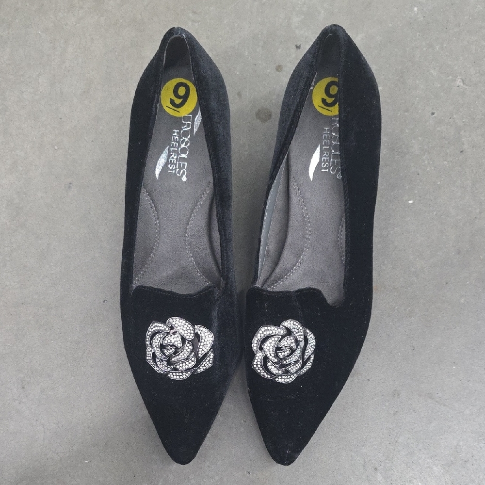 Aerosoles Black Flats with Silver Rose Detail